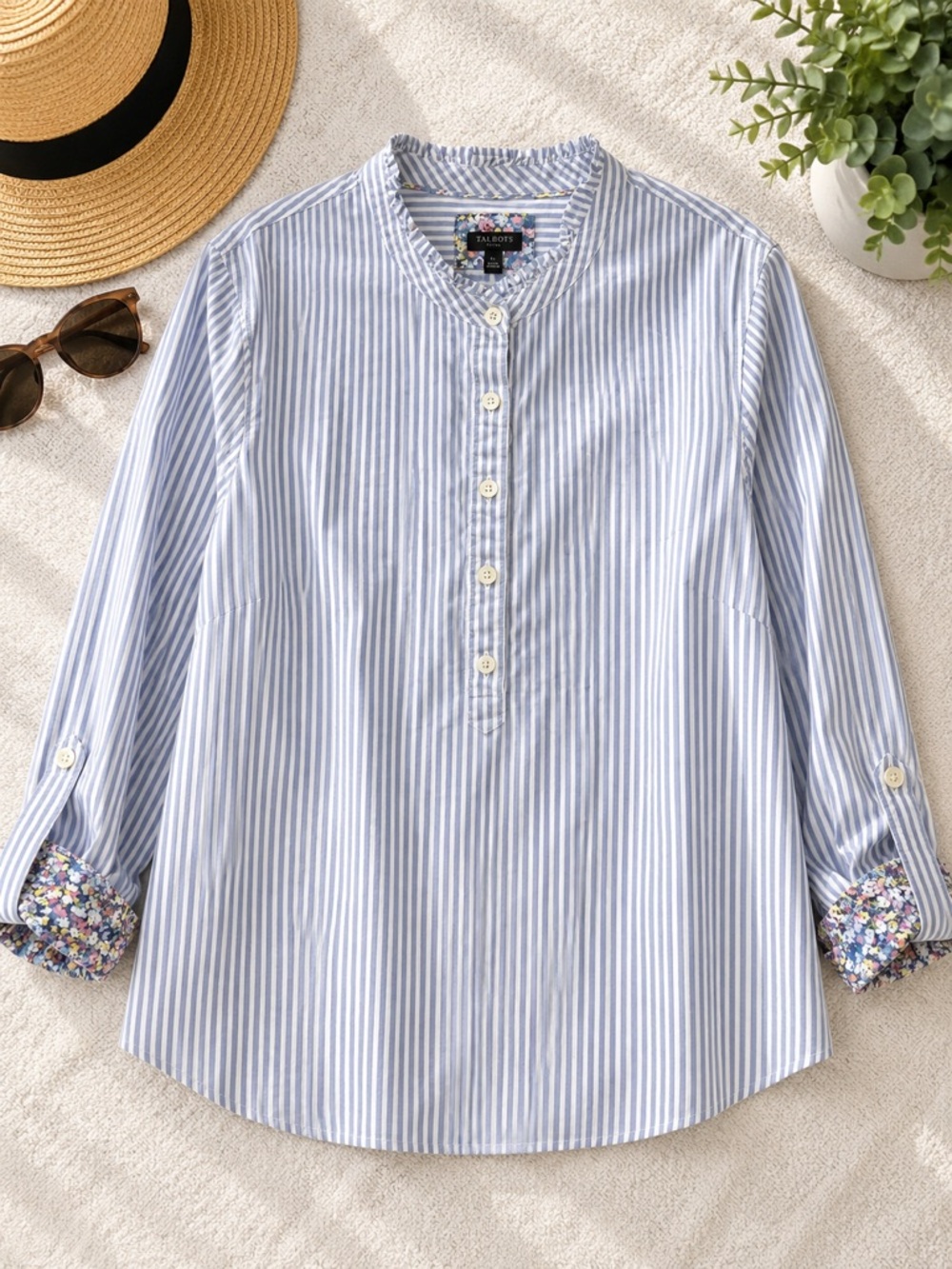 Talbots Plus 2X Blue White Stripe Ruffle Neck Roll Tab Cotton Blouse
